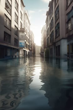 Flooded abandoned city, future world without people, post-apocalypse, effects of global warming and climate change concept. Generative AI