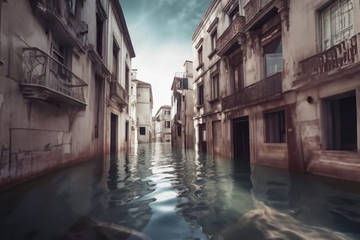 Flooded abandoned city, future world without people, post-apocalypse, effects of global warming and climate change concept. Generative AI