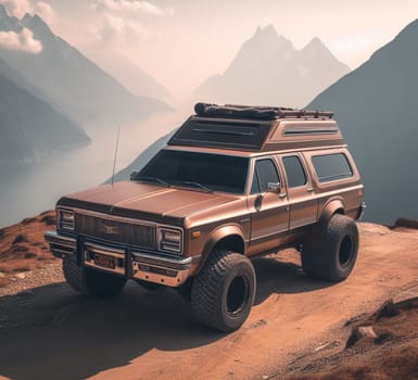 rusty dirt offroad 4x4 lifted vintage custom camper conversion jeep overlanding in mountain roads, nomadic lifestyle, adventure living, ai generated