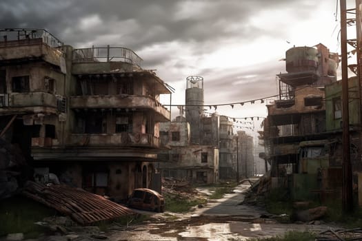 Destroyed abandoned city, future world without people, post-apocalypse, effects of global warming and climate change concept. Generative AI