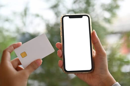 Closeup woman holding mobile phone and credit card. People, cashless transactions, shopping and finance.