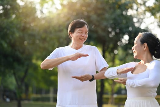 Happy middle age couple looking at each other while working out with Tai Chi in the morning.