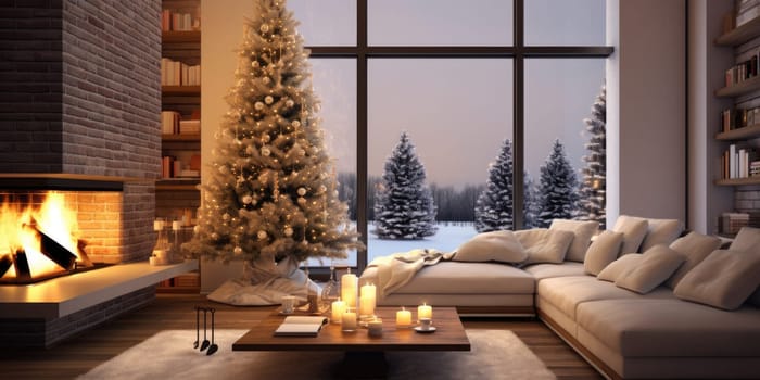 Interior of decorated living room with Christmas tree and comfortable sofa for family comeliness