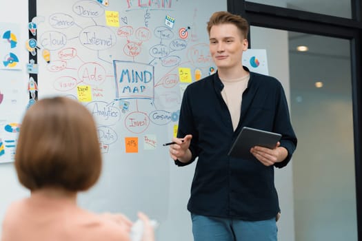 Professional male leader presents start up project by using mind map, colorful sticky notes and business statistic graph with confident while investor listening at business meeting. Immaculate.