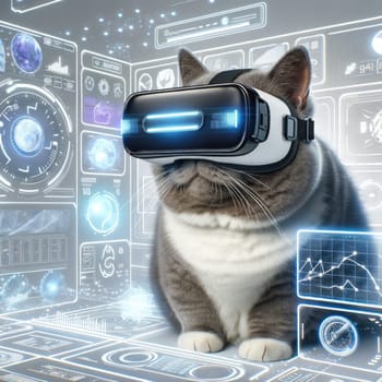 Cat wearing VR headset, surreal worlds and colorful. background Generative AI.