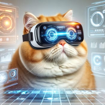 Cat wearing VR headset, surreal worlds and colorful. background Generative AI.