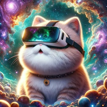 Cat wearing VR headset, surreal worlds and colorful. background Generative AI.