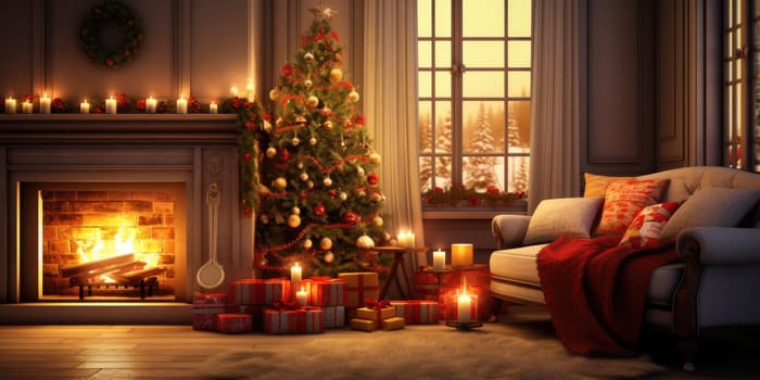 Interior of decorated living room with Christmas tree and comfortable sofa for family comeliness