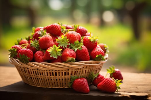 Strawberry harvest in a basket on a wooden table.
