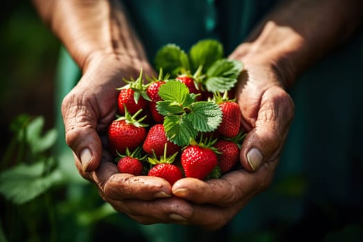 The hands of an elderly woman hold a juicy ripe strawberry.