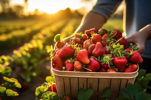 Strawberry harvest in a container against the backdrop of a green plantation in the sunlight.