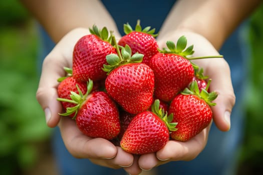Hands holding juicy ripe strawberries.