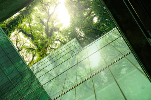 Eco-friendly building in the modern city. Sustainable glass office building with tree for reducing heat and carbon dioxide. Office building with green environment. Corporate building reduce CO2.