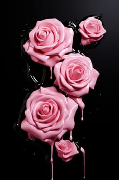 Artistic pink roses with a glossy finish against a dark backdrop, dripping with elegance, ideal for beauty products, romantic occasions, or as a striking element in design and decor. Generative AI