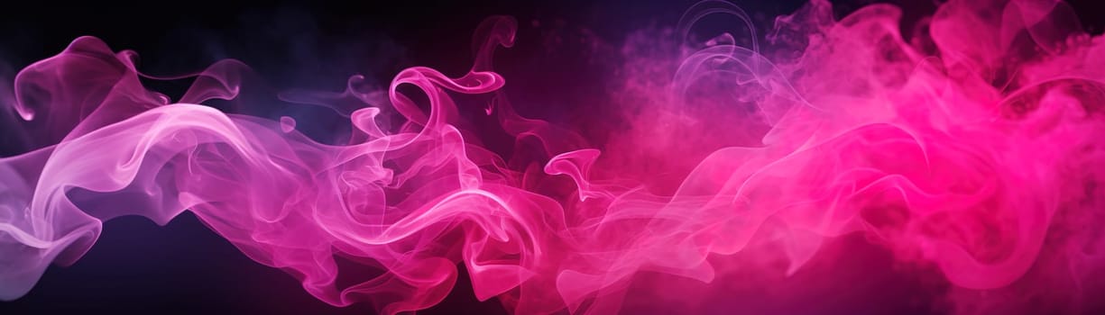 Ethereal pink smoke swirls against a dark background, forming an abstract, dreamy atmosphere suitable for creative projects, events, or as an evocative backdrop. Banner. Generative AI