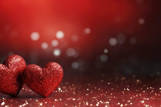 Glittering red hearts against dreamy backdrop with beautiful bokeh lights. Shining Valentine's Day background with empty, copy space for text. Particles, confetti. Greeting card design. Generative AI