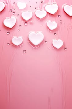 White hearts floating on a glossy pink liquid background, embodying purity, romance, and Valentine's celebrations. Vertical backdrop with copy space for text. Generative AI