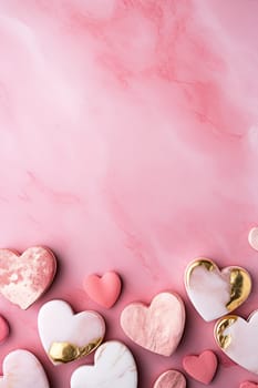 Elegant pink hearts with gold touches on a marbled background, perfect for Valentine's Day, weddings, or romantic themes. Vertical backdrop with copy space for text. Generative AI