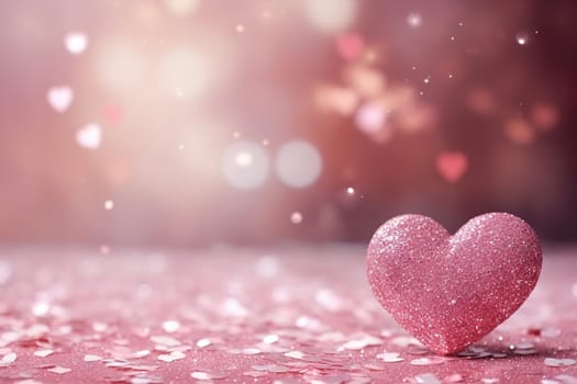 Glittering pink heart against dreamy backdrop with beautiful bokeh lights. Shining Valentine's Day background with empty, copy space for text. Particles, confetti. Greeting card design. Generative AI