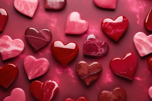 Assorted red and pink marble-textured hearts with lustrous finishes on a vibrant backdrop, perfect for love themes. Valentine's Day. Generative AI