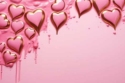 Lustrous pink and golden hearts dripping with pink paint on a pastel background, perfect for Valentine's Day, wedding invitations, and romantic themes. Backdrop with copy space. Generative AI