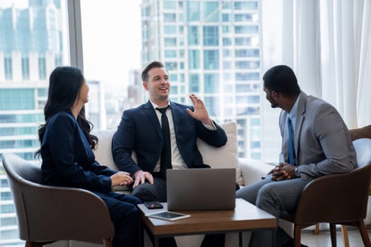 Group of diverse executive investor listening businessman talking about investment. Professional business team discussing about business plan, statistic, marketing strategy at office. Ornamented.