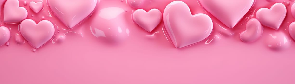 Panoramic pink background adorned with glossy, three-dimensional hearts with liquid texture, perfect for festive, romantic, or Valentine's themed design projects. Banner, copy space. Generative AI
