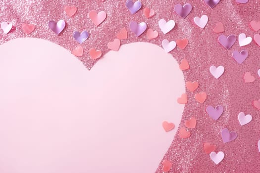 A romantic pink heart-shaped cutout surrounded by a sea of glittering and matte hearts in shades of pink and purple, with ample copy space for messages of love. Greeting card design. Generative AI