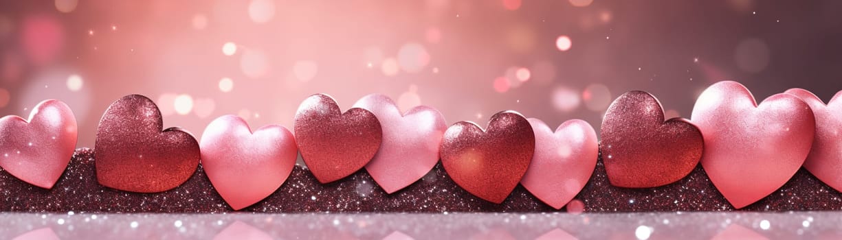 A row of shimmering hearts in shades of pink and red against a glittery backdrop with soft bokeh lights, creating a romantic atmosphere with space for text. Valentine's Day banner. Generative AI