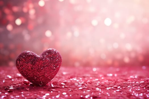 Glittering pink heart against dreamy backdrop with beautiful bokeh lights. Shining Valentine's Day background with empty, copy space for text. Particles, confetti. Greeting card design. Generative AI