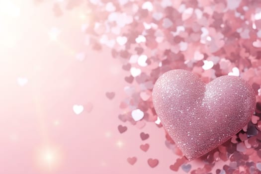 A glittering pink heart against a dreamy backdrop of soft focus hearts and light bursts, offering copy space for heartfelt messages and Valentine's wishes. Greeting card design. Generative AI