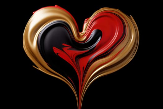 A heart-shaped fusion of red, black and gold liquids on a black backdrop, symbolizing passion and luxury, ideal for romantic themes, high-end branding, for advertising and design. Generative AI