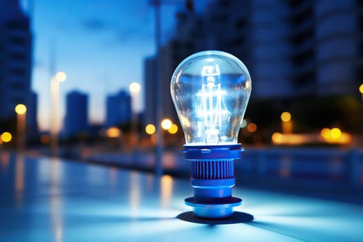 Light bulb against the backdrop of a blurred city in the evening. Electric energy concept.