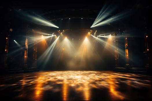 Empty concert stage in the light of spotlights. Performance.