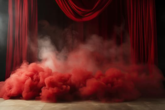 Scene with a red curtain in a cloud of smoke and spotlight.