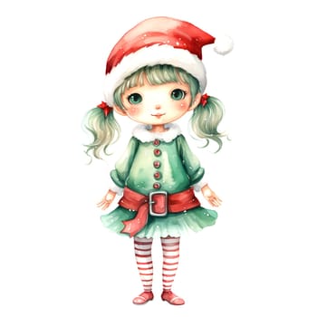 Watercolor Christmas Elf Clipart is a great choice for creating cards, invitations, party supplies and decorations. AI generated.