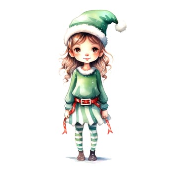 Watercolor Christmas Elf Clipart is a great choice for creating cards, invitations, party supplies and decorations. AI generated.