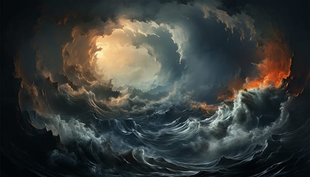 Storm sea ocean. Powerful nature foamy sea waves rolling and splashing over water surface against cloudy blue sky background . Beautiful nature landscape cloudy