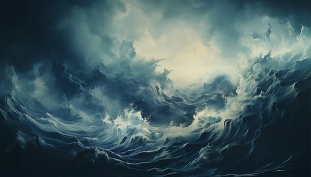 Storm sea ocean. Powerful nature foamy sea waves rolling and splashing over water surface against cloudy blue sky background . Beautiful nature landscape cloudy