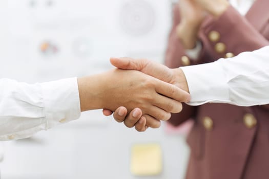 Young business people shaking hands in the office. Finishing successful meeting.