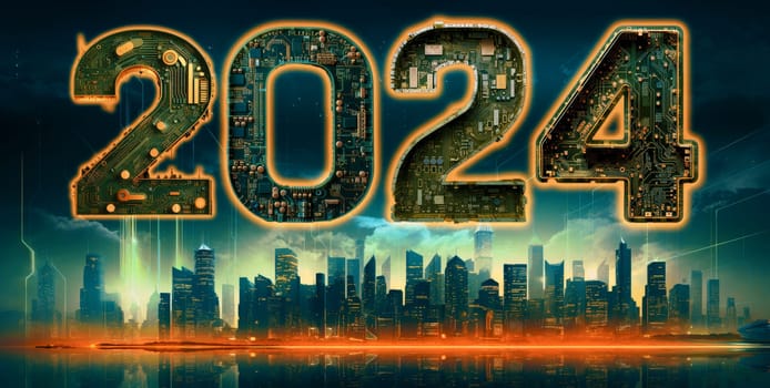 2024 new year, digital technology concept, above futuristic city skyline computer and artificial intelligence, AI for 2024 taintless lifestyle