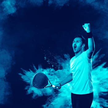 Padel tennis player with racket. Man athlete with racket on court with neon colors. Sport concept. Download a high quality photo for the design of a sports app or betting site