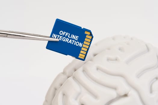A man inserts a memory card into his brain with the inscription - Offline Integration. Business and technology concept.
