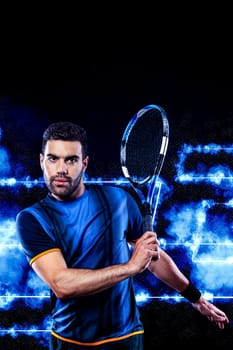 Tennis player banner with blue neon lights. Tenis template for sports app design with copy space