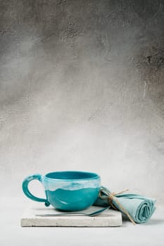 Large Tea Cup with Spoon and Napkin Stylish Photo. High quality photo