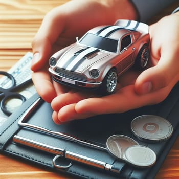Illustration on the topic of buying, selling a car, its maintenance and insurance. Generative AI. High quality illustration