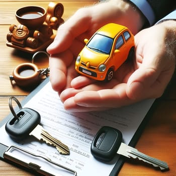 Illustration on the topic of buying, selling a car, its maintenance and insurance. Generative AI. High quality illustration