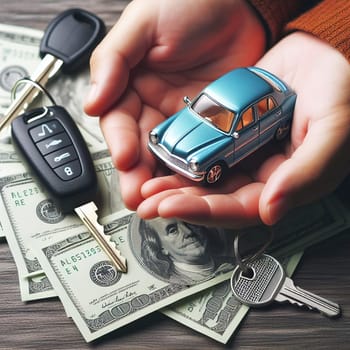 Illustration on the topic of buying, selling a car, its maintenance and insurance. Generative AI. High quality illustration