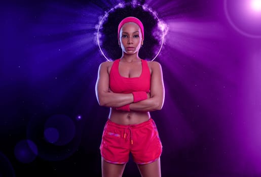 Sporty fit woman, athlete with dumbbells make fitness exercises on black background. Download cover for music collection for fitness classes. Sports recreation. Beautiful black young woman.