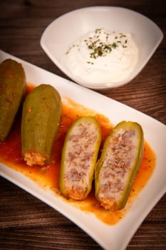 RECIPE FOR LEBANESE-STYLE MINI ZUCCHINI STUFFED WITH RICE AND BEEF IN A TOMATO SAUCE, High quality photo